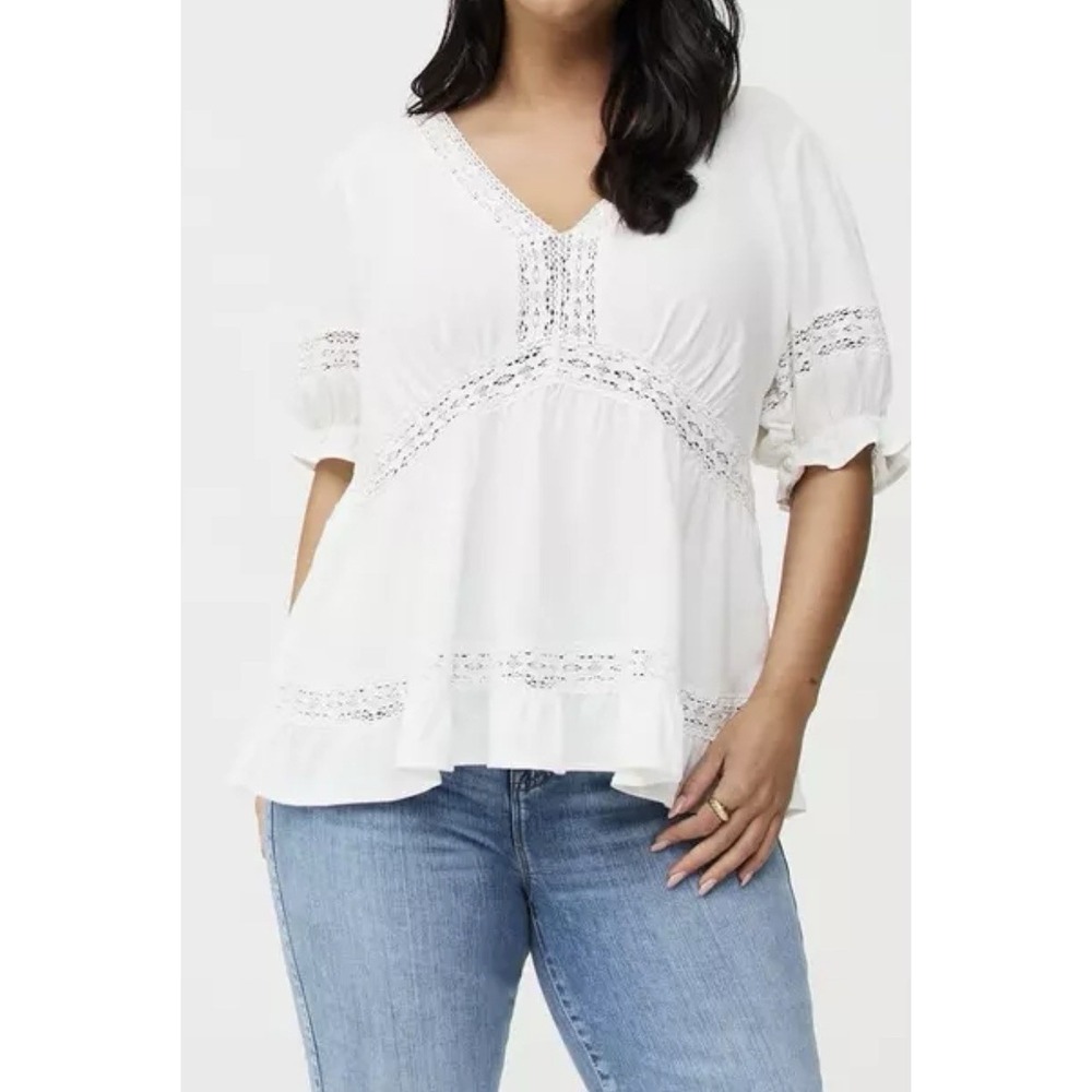 Torrid Knit V-Neck Lace Babydoll Top White Plus Size 1 Cotton, New